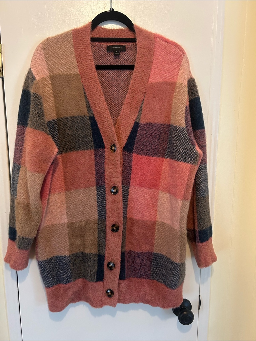 Ava & Viv Pink Plaid Button-Front Cozy Cardigan